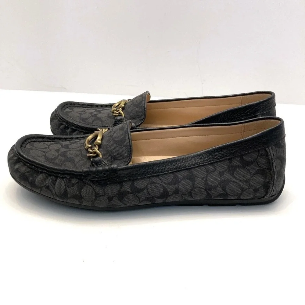 Coach Signature Loafer Black Logo Moc Toe Chain C Detail Womens 8.5 B EU 39